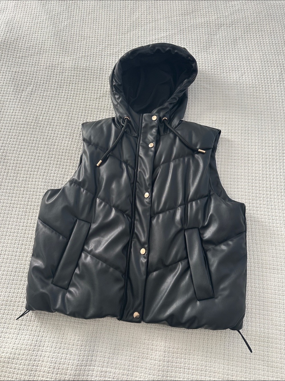 Zara Black Faux Leather Puffer Vest with Hood